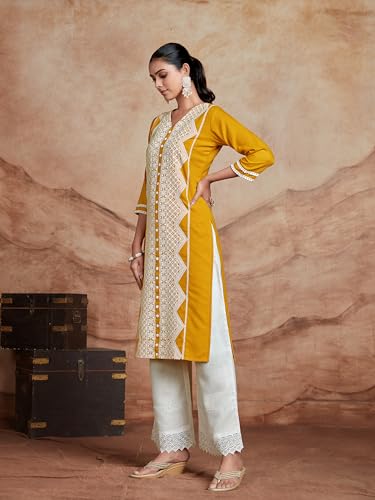 Image of EthnicJunction Women's Cotton Rayon Regular Fit Chikankari Embroidery Stright Kurta
