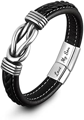 Mother and Son Forever Linked Together Braided Leather Bracelet, Men's Stainless Braided Leather Bracelet Bangle Wristband, Son Graduation Birthday Gift from Mom (My Son)