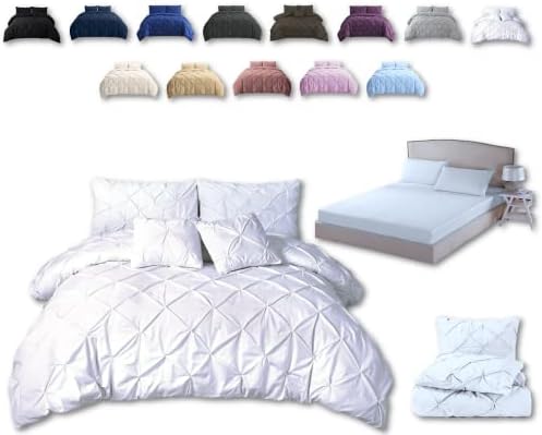 TheWhiteWater Double Duvet Set - 3 in 1 Double Bedding Set - Duvet Cover + Fitted Bed Sheet + Matching Pillowcases - Natural Cotton + Virgin Polyester - Hand Stitched Pintuck Pleated Cover (Pink)