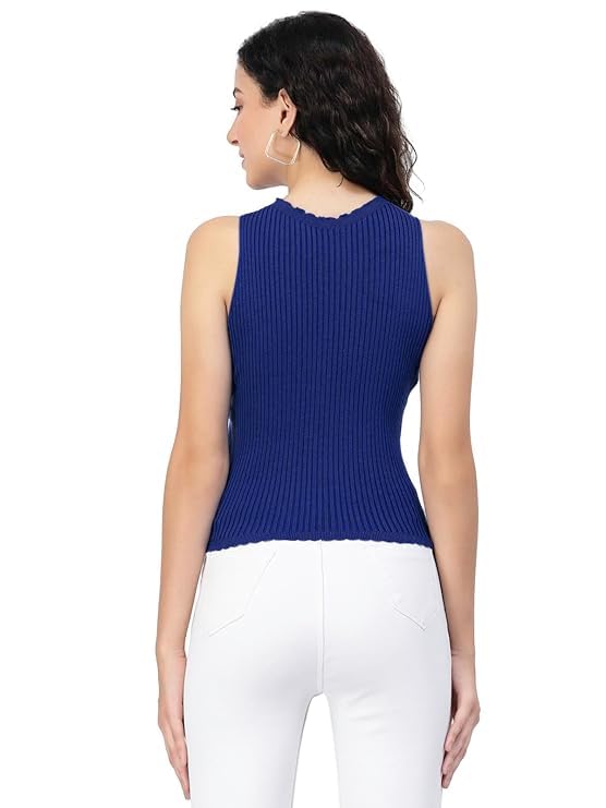Image of Kalt Womens Knitted, Ribbed Cotton Fitted Sleeveless Round Neck Cami Tank Top