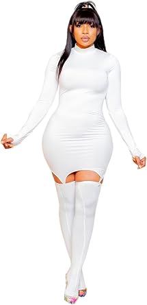 BYDIVA 2021 Long Sleeve Bodycon Garter Mini Dress with Stockings Hot Slim