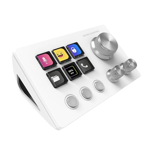 Mars Gaming MSD-Two, Control Deck Compatto, 6 Tasti LCD Personalizzabili + 3 Pulsanti, 3 Manopole Multifunzionali, Control Deck Slim Ergonomico, Software di Controllo e Plug-in,Windows e MacOS,Bianco