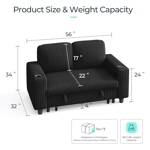 Image of LINSY HOME Loveseat Sofa with Storage - Comfy Plush Corduroy 2 Seater Sofa with USB Charging & Cup Holders, Deep Seat Love Seat for Small Spaces Living Room Bedroom Apartment, Black