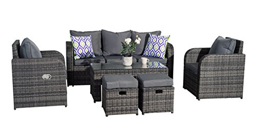YAKOE Rattan Garden Furniture Sofa Set Plus Reclining Chairs - Grey