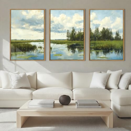 BINCUE Framed Green Nature Wall Art Lake Scenery Wall Decor Landscape Art Print for Living Room Bedroom Office 16 x24 Inches Set of 3