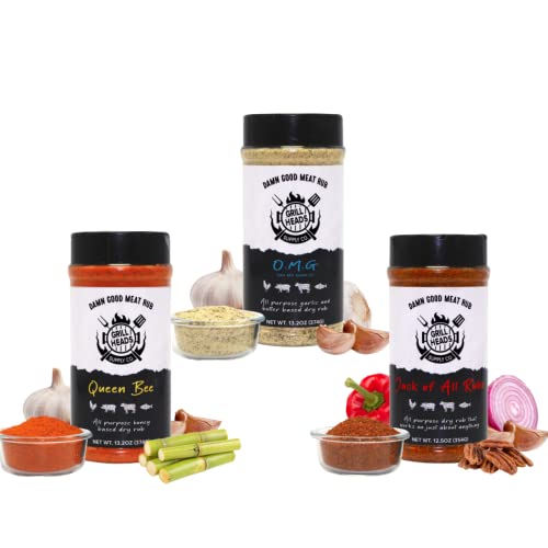 Grillheads Supply Co - Dry Bbq Rub, Bbq Seasoning And Spice For Beef, Pork, Poultry, Seafood And Vegetables - Jack Of All Rubs, O.m.g Oh My Garlic And Queen Bee Dry Rub Seasoning Flavors. #TOP4