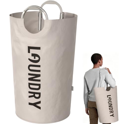 Image of 130L Laundry Basket with Tech Handle, 2in1 Large Dirty Clothes Hamper Beige | Hand or Shoulder Carry, Collapsible Foldable Bin, Plastic Handle, 600D Oxford with Waterproof PE Coating for Dorm, Bathroom