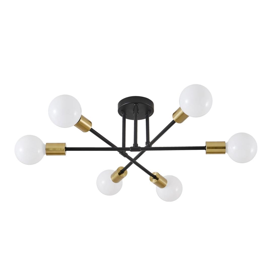 EGM 6-Light Modern Sputnik Chandelier, Mid Century Ceiling Light Fixture, Semi Flush Mount Ceiling Lights for Dining Room Bedroom Foyer Hallway Kitchen Office (Black+Gold, 6 Lights)