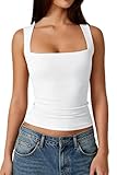 QINSEN Womens Tank Top Sleeveless Square Neck Casual Basic Fitted T- Shirts White M