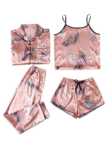 SheIn Women's 4pcs Graphic Print Satin Pajama Set Cami Pjs with Pants Set Pink Small