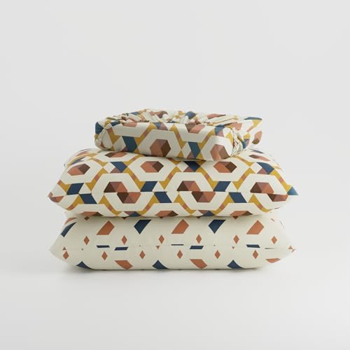 Image of BLISSHOME SoftTouch 150TC Cotton King Size Fitted Bedsheet with 2 Pillow Covers, Silky Smooth Bedding Set, Breathable, Easy Maintain, Geometric Pattern - Beige (183cm x 198cm + 25cm Drop)
