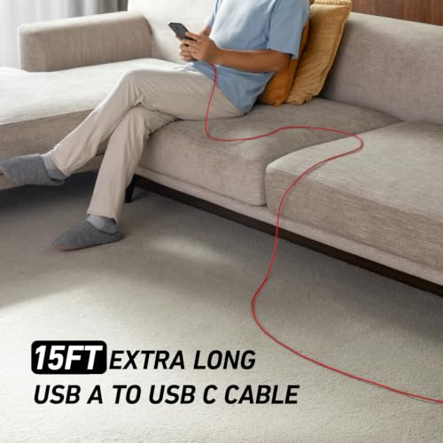 Image of Extra Long USBA to USBC Cable 15FT, Type C Charger Fast Charging Cord USB C | Heavy Duty USB C Charging Cable for iPhone 17 16 15, iPad Pro, Air, Mini, Samsung S25, Pixel 8a 10a, Moto Razr 40 50, G - Red