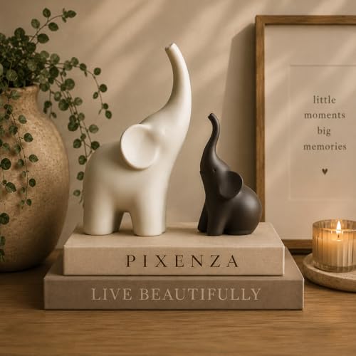 Image of Elephant Showpiece Set for Home Decor, Matte Finish Elephant Decorative Figurines for Living Room, TV Table, Shelf Decor Lucky Elephant Statue for Housewarming Gift (Black & White,PLA Plastic)