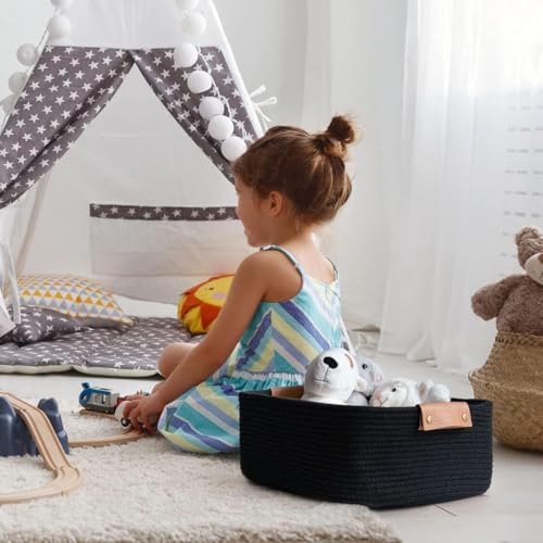 Image of GUDDE Cotton Rope Woven Storage Basket for Toys, Laundry & Blankets | Nursery Organizer Bin | Dog Toy Basket | Decorative Gift Hamper | Jute Style Home Storage (Black)