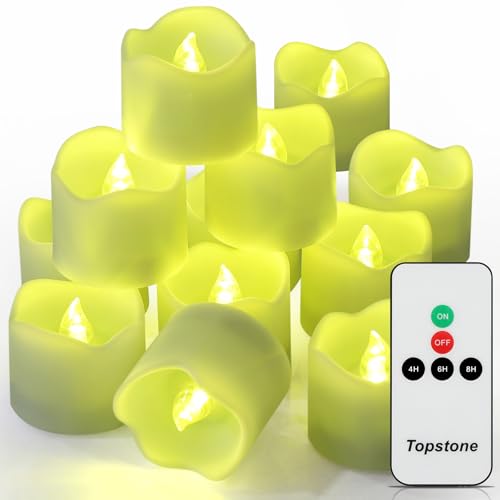 Image of Topstone Green Remote Control Flameless Tealight Candles,CR2450 Battery Powered Votive Candles with Timer,Electric Fake Candle for Home, Christmas Decoration,Pack of 12