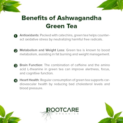Image of Rootcare Organics Ashwagandha Green Tea | Herbal Blend with Green Tea & Ashwagandha | Boosts Brain Function & Stamina | Natural Stress Relief | 100% Organic | 100g Pack