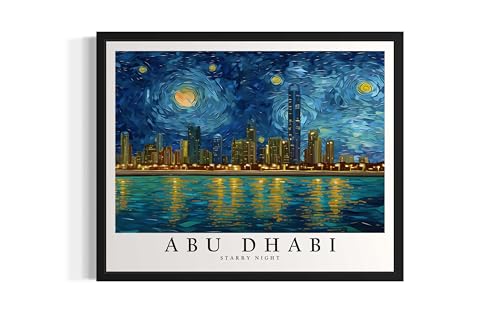 Abu Dhabi Art Print Poster, Van Gogh Starry Night Theme Wall art Painting Decor, Art Home City Artwork For Bedroom, Bathroom, Living Room 81 (Abu Dhabi, 8 x 10 inches, Black Frame)
