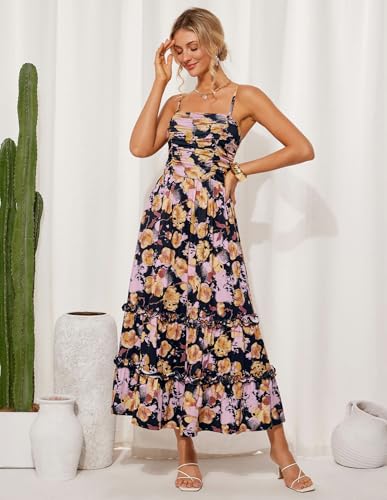 GRACE KARIN 2025 Women's Summer Floral Maxi Dress Casual Sleeveless Ruffle Tiered Wedding Guest Flowy Dresses with Pockets4