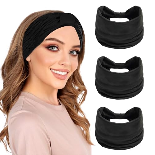QIYUDA 3 Pack Wide Headbands for Women, Black Extra Wide Large Twist Knotted Stretchy Non Slip Head Bands Stylish Head Wraps