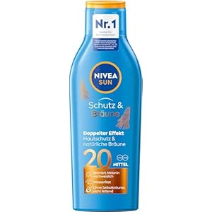 NIVEA SUN Schutz & Bräune Sonnencreme LSF 20 (200 ml), Sonnenmilch mit Pro-Melanin-Extrakt für eine ebenmäßige Bräune, sofortiger Sonnenschutz mit UVA/UVB-Filtersystem
