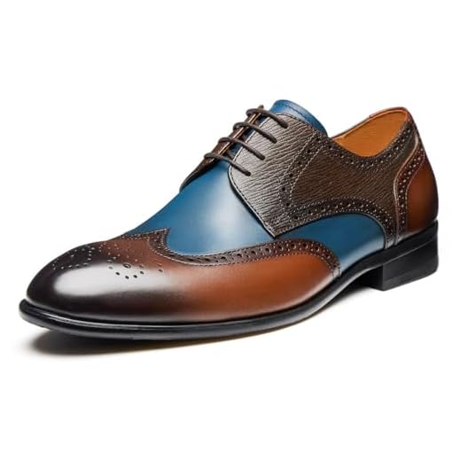 Jepsengord Sapato social masculino Wingtip couro bovino genuíno Oxfords com Brogue Formal Business Wedding Derby Shoes, Derby de ponta de asa marrom e azul, 48
