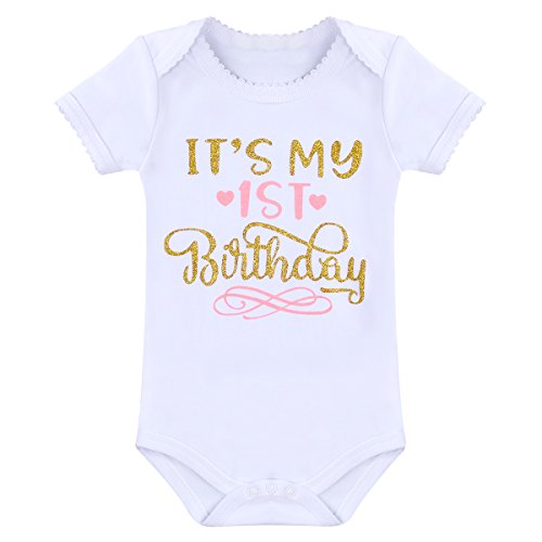 IBTOM CASTLE Baby Girls Newborn It's My 1st/2nd Birthday 4Pcs Outfits Shinny Printed Romper+Skirt+Headband Cake Smash Princess Dress 4 Pcs Pink (1 Years) One Size