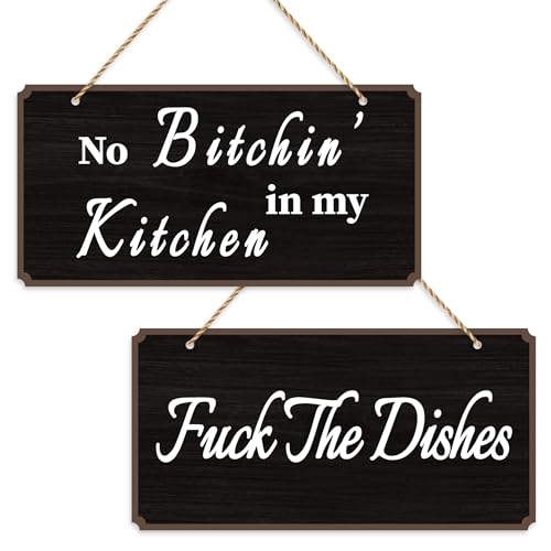 LUHIMO Funny Kitchen Hanging Signs, Rustic PVC No Bitchin in My Kitchen Quote Wall Decor Signs for Home, House, Farmhouse, Dining Room 10 x 5 Inch (without ropes)