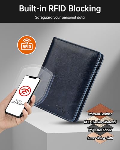 Image of Teskyer Wallet for Men RFID Blocking Bifold Credit Card Holder - Blue | Large Capacity 8 Card Slots, Compact Design, Bifold Wallet with Gift Box for Daily Carry and Gifting