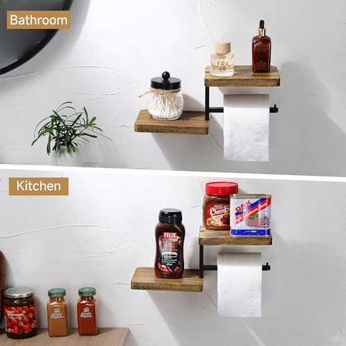 Double Toilet Paper Holder with Shelf, 2 Tier Wood Wall Mounted Adhesive Paper Roll Holder Suitable for Bathroom Accessories Decor Household Home Apartment Restroom Essentials