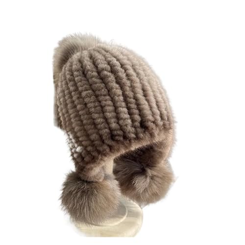 Bonnet en fourrure de vison véritable pour femme tricoté avec pompon en renard élégant