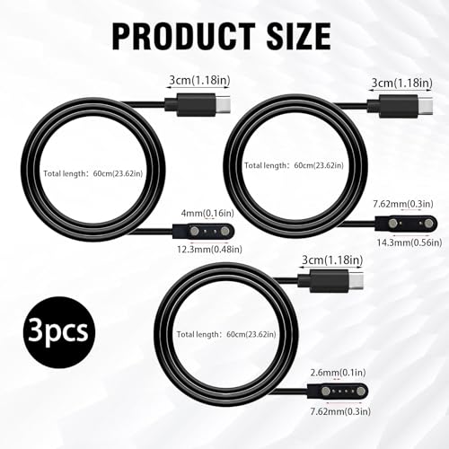 Zestaw 3 magnetycznych uniwersalnych ładowarek do smartwatchów, 2-pinowe adaptery 4 mm i 7,62 mm, kabel USB C, 4-pinowy 2,6 mm, kompatybilny ze smartwatchami i trackerami fitness