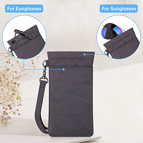 Fintie Double Eyeglasses Pouch With Carrying Strap, Portable Squeeze Top Microfiber Soft Glasses Case Sunglass Pouch, Gray #TOP2