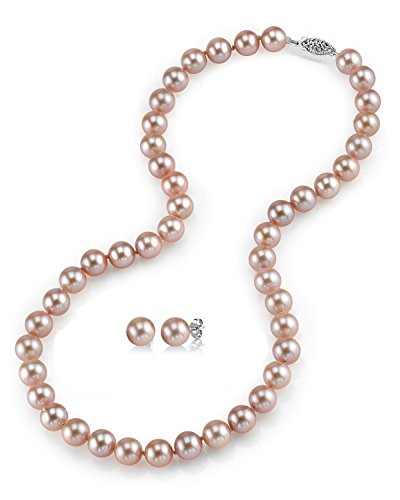 THE PEARL SOURCE 14K Gold 7-8mm Round Pink Freshwater Cultured Pearl Necklace & Earrings Set in 18