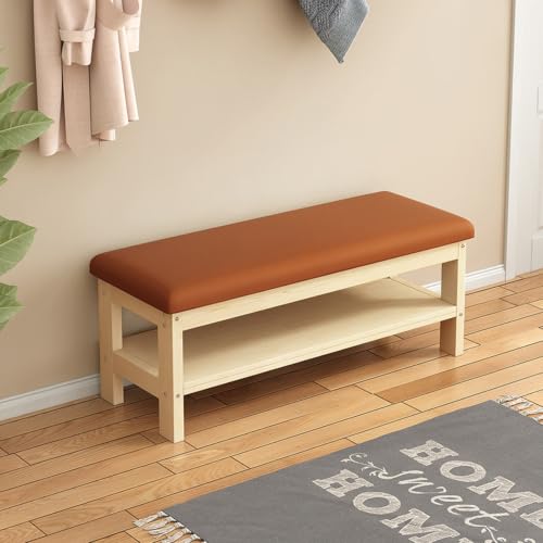 Banc à chaussures en bois massif premium avec assise cuir PU marron