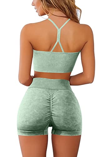 Women Workout 2 Piece Outfits Washed Ribbed Seamless Sweetheart Neckline Sport Bra And Tummy Control Butt Lifting High Waist Shorts Sets Tracksuit Light Green Large #TOP1