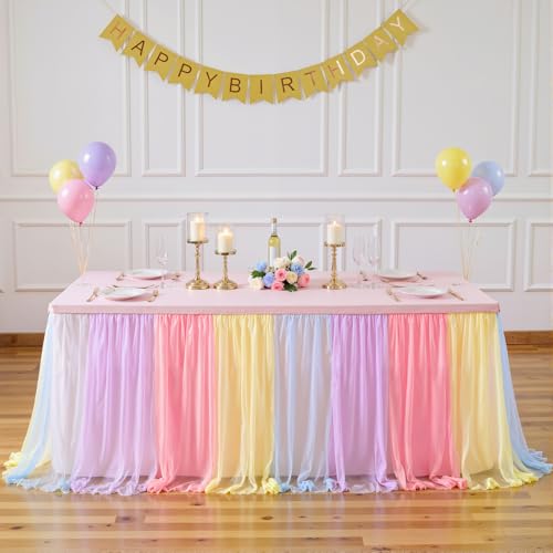 4 Pack 8ft Rainbow Tulle Tablecloths for Rectangle Tables, 8 Foot Rainbow Rectangular Table Cloth Wrinkle Free Tablecover with Tutu Skirt for Baby Shower Girls Birthday Party Banquet Buffet Cake by Suppromo - Image 7