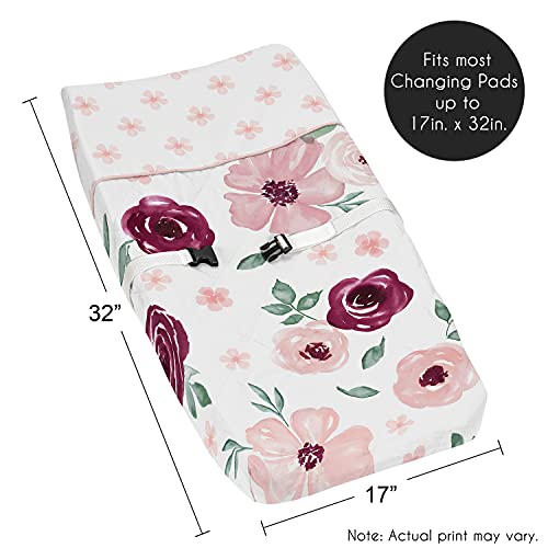Image of Sweet Jojo Designs Burgundy Watercolor Floral Girl Baby Nursery Changing Pad Cover - Blush Pink, Maroon, Wine, Rose, Green and White Shabby Chic Flower Farmhouse