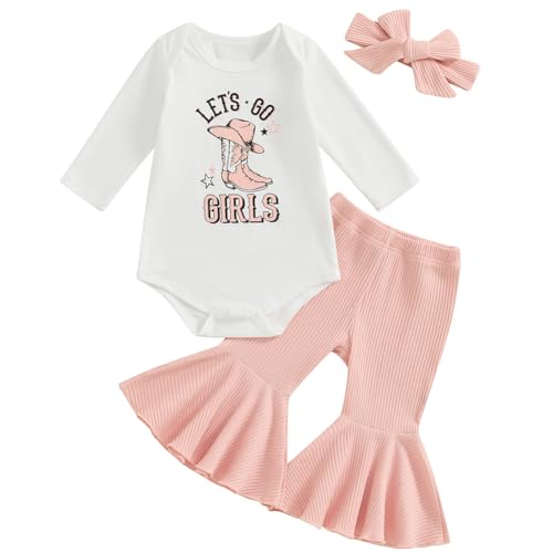 Baby Girls Western Clothes Set Let's Go Girls Bodysuit Ribbed Flared Pants Headband 3pcs Cowgirl Outfit (Pink, 3-6 Months)