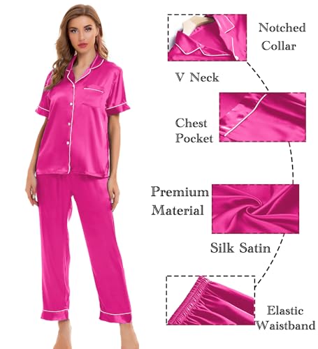 Image of SWOMOG Womens Silk Satin Pajamas Sets 4pcs Sleepwear Sexy Cami Shorts Set and Button Down Short Sleeve Pjs Loungewear