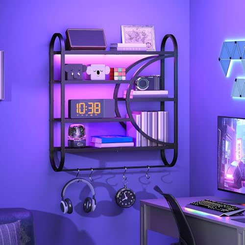 HOOBRO Gaming Floating Shelves with LED Lights, 28.9" LED Wall Mounted Shelf, 5-Tier Display Rack for Wall Storage, Floating Rack with Hanging Rod and 4 S-Hooks, for Game Room, Black BB50DBJ01