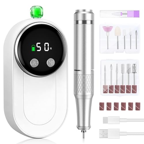 Torno para Uñas, taladro profesional de 50.000 RPM con pantalla LCD, set de manicura y pedicura 12 en 1 eléctrico para uñas acrílicas, uñas naturales y cutículas（Blanco）