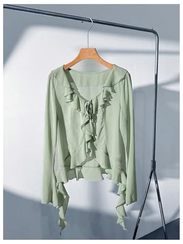 WDIRARA Women's Tie Front Ruffle Sheer Blouse Long Flare Sleeve Going Out Tops Shirt4