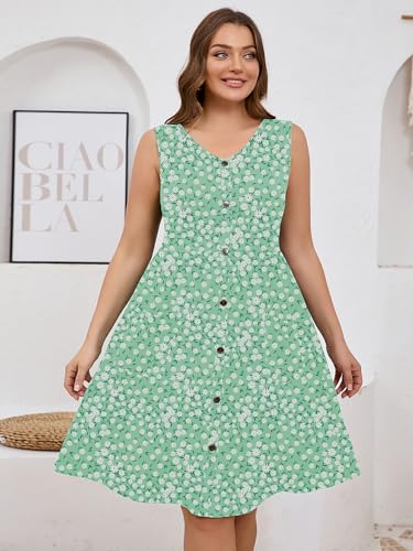 Image of AusLook Plus Size Women Summer Dresses Sleeveless Casual Loose Swing Button Down Midi Dress with Pockets 1X-5X
