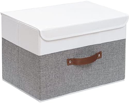 Yawinhe Collapsible Storage Boxes 1 Pack, Linen Fabric Storage Baskets Washable, with Lids and Leather Handle, for Home Bedroom Closet Office, (White/Grey, 15.0x9.8x9.8in), USNK024WGL-1