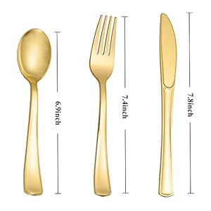 N9R 200pcs Gold Plastic Silverware - Disposable Gold Plastic Silverware Cutlery Set, 100 Forks, 50 Spoons, 50 Knives for Party, Birthday, Wedding N9R 200pcs Gold Plastic Silverware Disposable Gold Plastic Silverware Cutlery Set 100 Forks 50 Spoons 50 Knives for Party Birthday Wedding