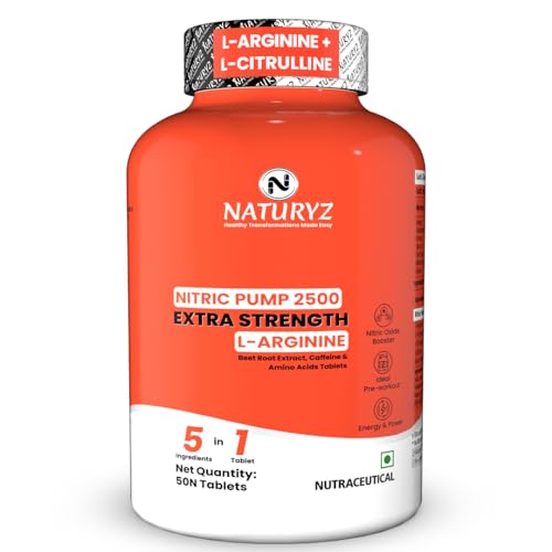 Image of NATURYZ Nitric Pump 2500 Mg Extra Strength L-Arginine | L Citrulline | Caffeine | Boosts Stamina | Energy | Increases Blood Flow | Improves Performance | Ideal Pre-workout Supplement for Men & Women- 50 Tablets