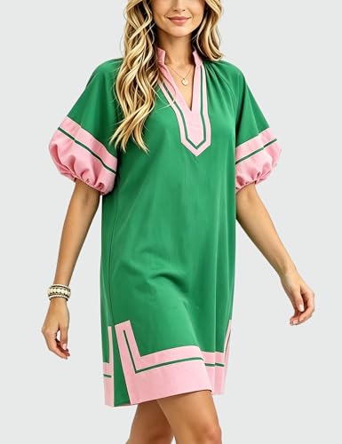 Image of Esmeling Women's Color Block Pullover Dress V-Neck Puff Sleeve Dress Mini Shirt Dress with Pockets