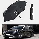 OUSIKA Vollautomatischer Faltbarer Auto Regenschirm, mit Dreifachem Logo, Wasserdicht und Winddicht, Dekoratives Zubehör, Für Tesla Model 3 S X Y