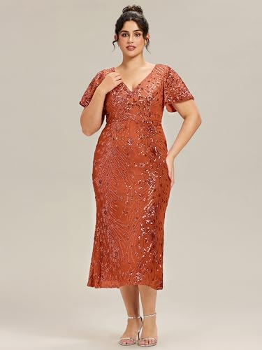 Image of Ever-Pretty Plus Women's Sequin V Neck Plus Size Prom Dress Mermaid Formal Cocktail Evening Dresses for Curvy Women