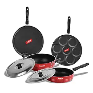 Sumeet 2.6mm Thick Non-Stick Rato Cookware Set (Dosa Tawa 26.5cm Dia + Multi Snack Maker 26.5cm Dia + Kadhai with Lid 1.5Ltr Capacity- 20cm Dia + Fry pan 1.5Ltr Capacity 21cm Dia)